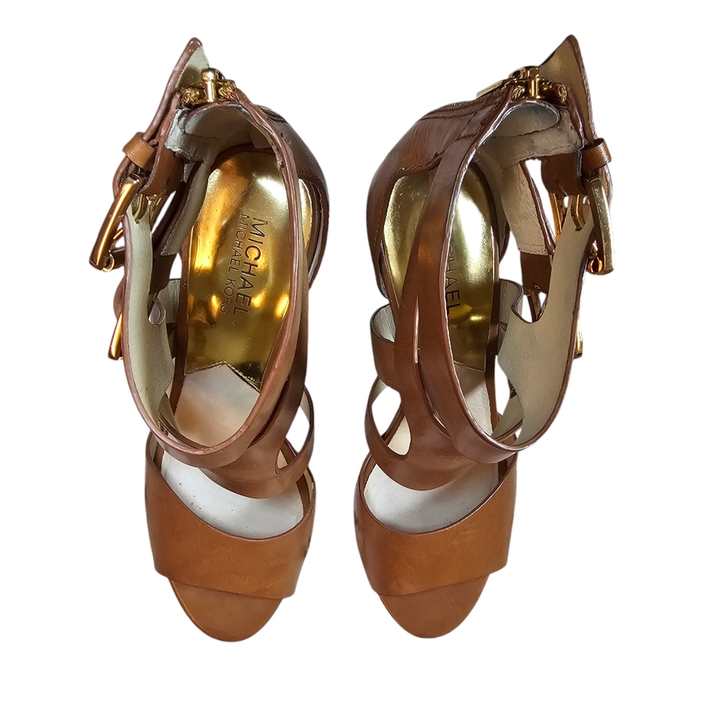 MICHAEL KORS Women's Brown Leather  Strappy Heeled Sandals - US Size 8.5 M - EUC - Picture 3 of 15